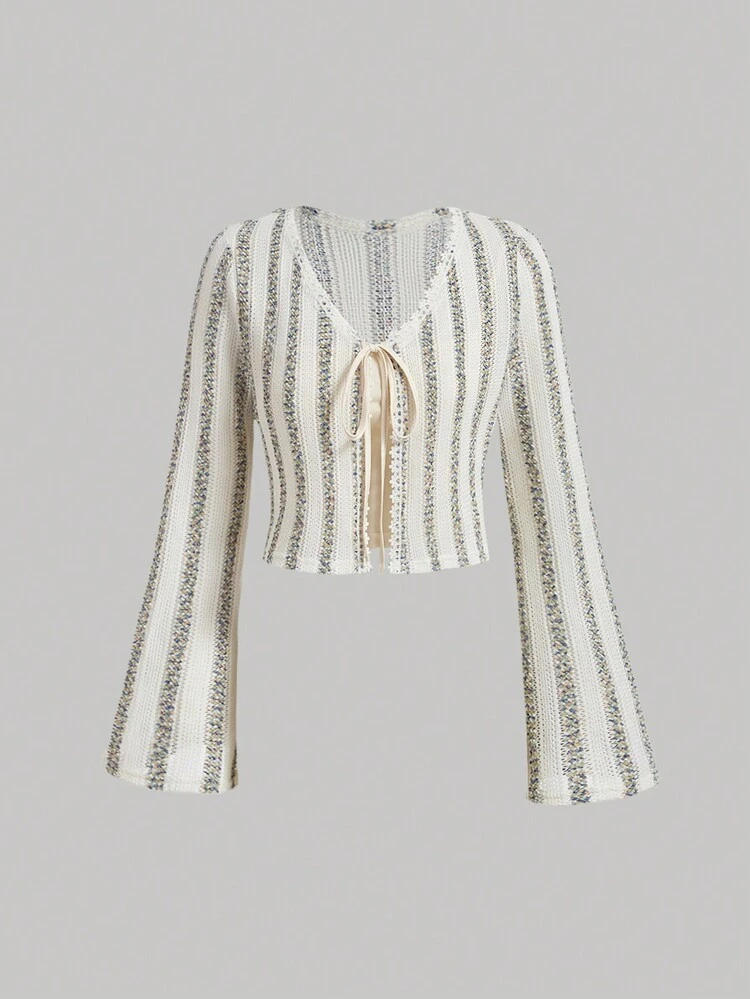 Colorful Striped Tie Waist Bell Sleeve Top