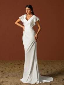 Simple V-Neck Elegant Layered Ruffle Sleeves French Style Light Wedding Dress - White - View 6