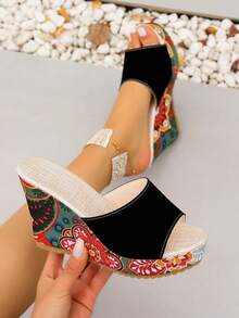 Dép xỏ ngón Wedge Peep Toe in phong cách nữ cỡ lớn - màu đen - Xem 4