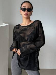 DAZY Solid Color Loose Fit Thin Women's Long Sleeve Round Neck Top Semi-Sheer Top - Black - View 6