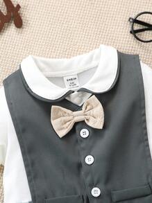 SHEIN 寶寶男孩優雅的學院風復古領帶領口格子拼接短連身褲套裝,搭配馬甲,適用於春夏外出穿著 - 彩色 - 查看 4