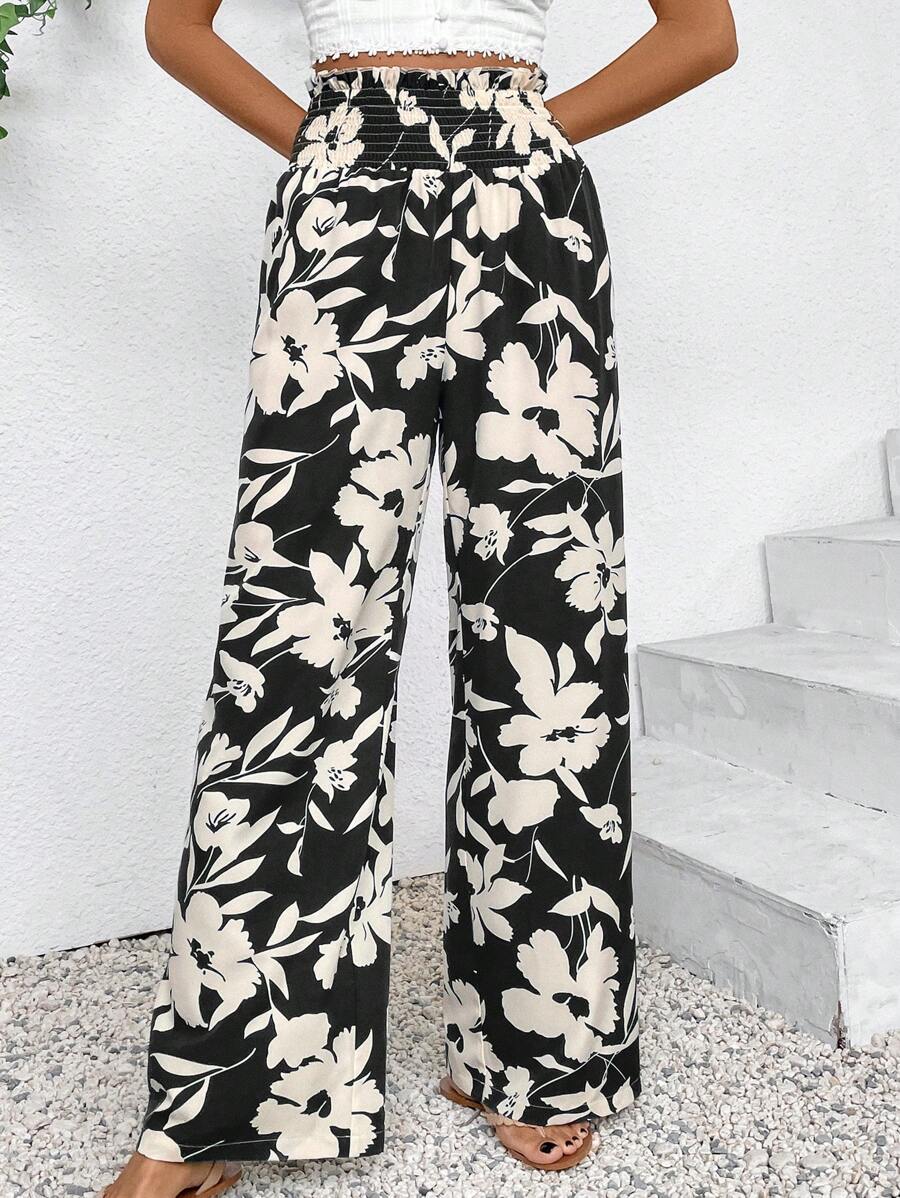 Breezaya Women's High Waisted Flower Printed Wide Leg Vacation Pants Fall Cloth For Women - Black - View 1