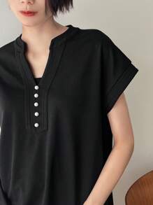FRIFUL Women's Solid Color V-Neck Batwing Sleeve T-Shirt - Black - View 7
