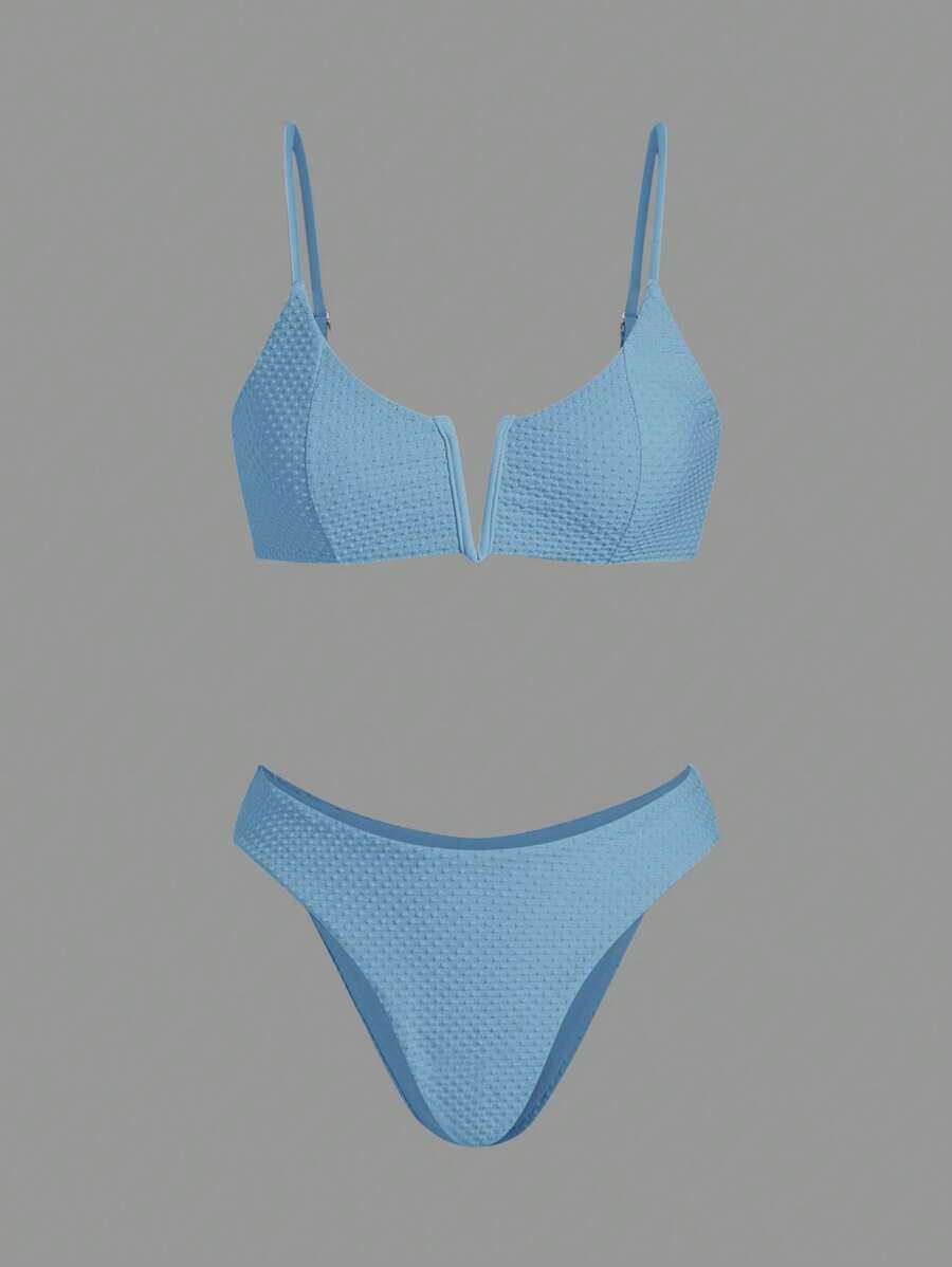 SHEIN Swim Summer Women's Fashionable Sweet V-Neck Blue Bikini Set - Blue - View 1
