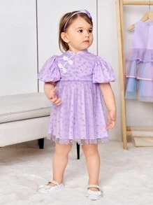 SHEIN 寶寶女孩可愛氣泡短袖圓點網紗立領漢服裝