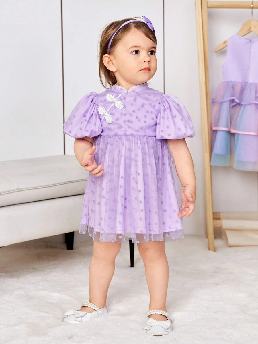 SHEIN 寶寶女孩可愛氣泡短袖圓點網紗立領漢服裝