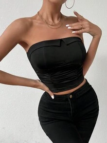 SHEIN Privé Women's Strapless Ruched Slim Fit Elegant Top - Black - View 3