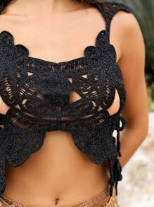 SHEIN Swim 纯色镂空短款罩衫，适合夏季、海滩、度假 - 黑色 - 查看 7