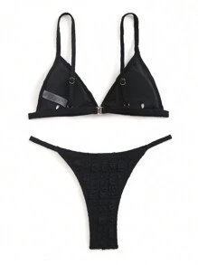 SHEIN Swim طقم بكيني بنقشة ملمس ذو لون واحد للنساء، طقم بكيني ملابس شاطئ ملابس سباحة ملابس استحمام صيفية شاطئ - الأسود - مشاهدة 2