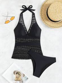Swim Lushoire Summer Beach Hollow Out V-Neck Halter Tankini Set - Black - View 6