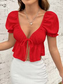 SHEIN Qutie Women's Solid Color Hollow Out Embroidered Lace Up Crop Tee