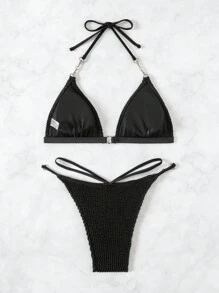 Women's Halter Neck Straps Textured Hollow Out Bikini Set Summer Beach