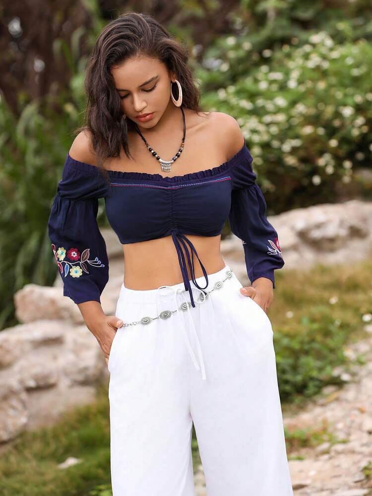 Women's Off-Shoulder Vintage Printed Ruched Fashion Crop Top Fall Cloth For Women
