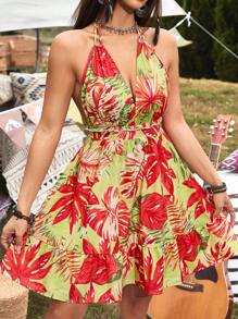 Breezaya Women's Tropical Plant Print Halter Neck Vacation Style Dress - Multicolor - View 1