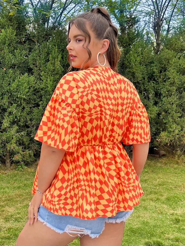 Plus Size Checkerboard Collared Button Up Shirt With Knot