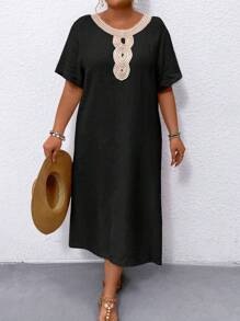 SHEIN LUNE Đầm xẻ cỡ lớn có cổ tròn - màu đen - Xem 4