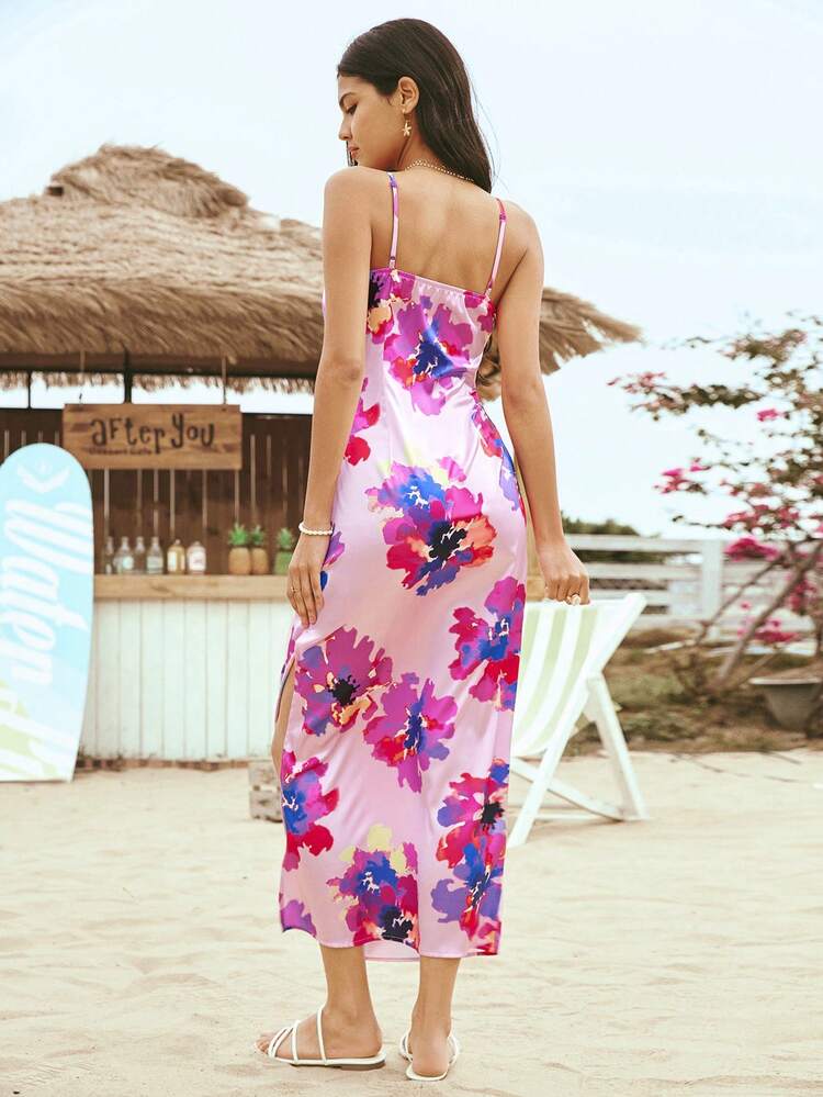 Women'S Purple Printed Satin Holiday Style Dress Beach Dresses