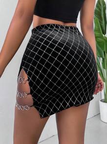 SHEIN Privé Của phụ nữ Pha lê Kẻ sọc Bên Khe Váy midi - màu đen - Xem 1