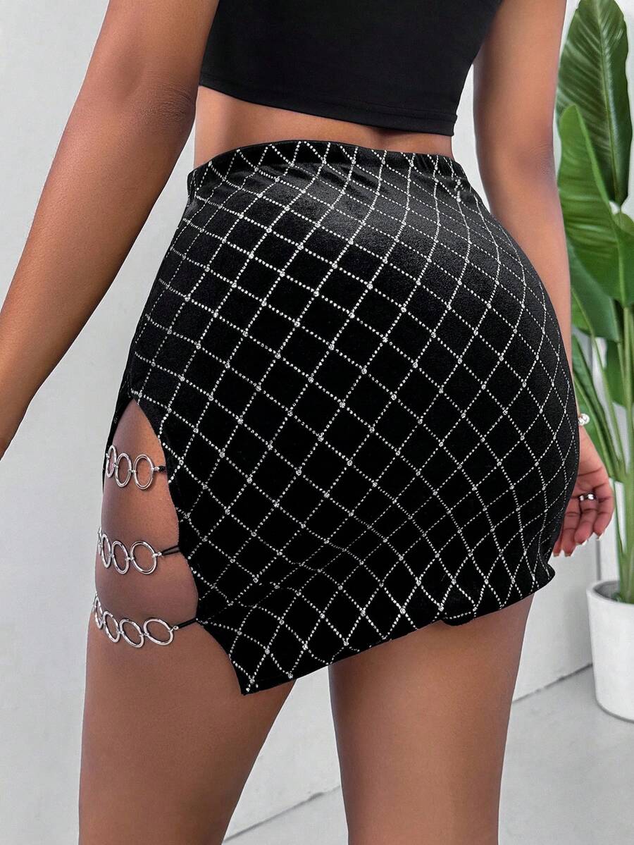 SHEIN Privé Của phụ nữ Pha lê Kẻ sọc Bên Khe Váy midi - màu đen - Xem 1