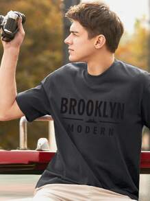 男士休闲字母印花圆领短袖T恤 - 深灰色 - 查看 4