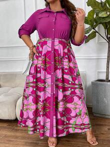 SHEIN CURVE+ 大碼印花短袖襯衫連身裙 - 彩色 - 查看 3