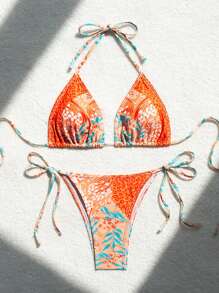 SHEIN Swim Summer Patchwork Printing Halterneck Bikini Set