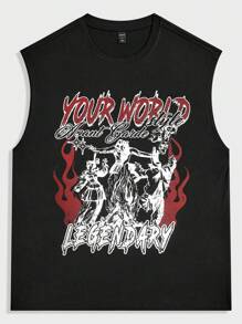 ROMWE MEN Street Life Men's Character And Letter Print Tank Top, School