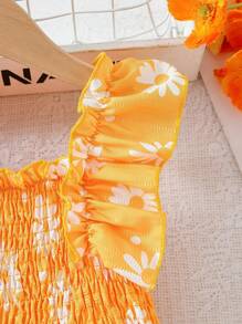 SHEIN Young Girls' Floral Print Ruffle Hem Dress With Matching Hat - Yellow - View 6