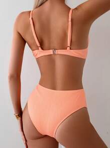 SHEIN Swim 纯色罗纹女士泳衣套装，比基尼套装海滩比基尼套装泳衣夏季，夏季海滩 - 珊瑚橙 - 查看 7