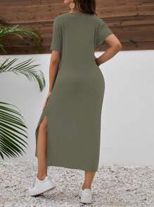 Maternity Solid Color V-Neck Short Sleeve Side Slit Hem Casual Dress - Army Green - View 2