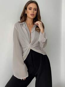 Firerie 女式v領扭結前扇形袖防曬衣 - 灰色 - 查看 3