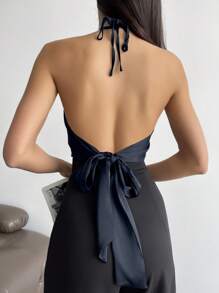 Aloruh Metal Decorated Asymmetrical Hem Tie Back Halter Neck Top - Navy Blue - View 3
