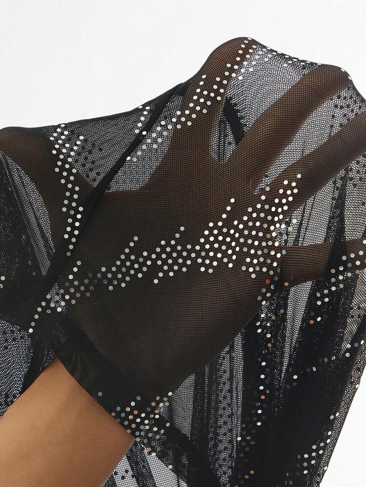 Music Festival Western Style Boho Fashion Gorgeous Women's Black Mesh Hollow Details Sequins Laser Zigzag Sexy Resort Nightclub Hot Girl Charming High-End Elegant Tight High-Elastic Mid-Length Tube Top Side Slit Dress