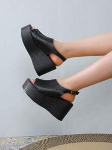 女士凉鞋開口露趾,中空皮革材質,坡跟和厚底高跟平台夏季拖鞋 - 黑色 - 查看 6