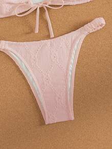 SHEIN Swim Summer Beach Women's Solid Color Textured Bust Ruched Knot Bikini Set - Pink - View 5