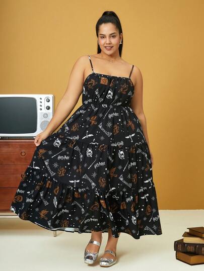 HARRY POTTER X SHEIN Plus Hogwarts Print Black Slip Dress