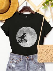 INAWLY Dinosaur And Moon Print Short Sleeve Round Neck T-Shirt Graphic Tees Women Tops - Black - View 1