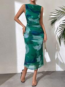 Chiquease 女式渲染印花網紗連衣裙 - 綠色 - 查看 6