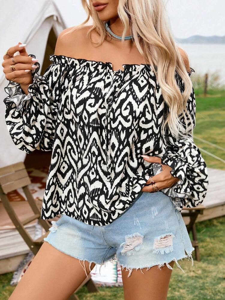 Vacation Music Festival Loose-Fit Regular Lantern Long Sleeve Off-Shoulder Geometric Printed Women's Shirt