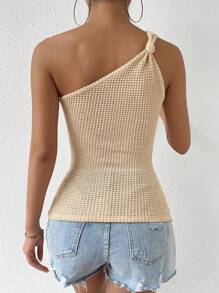 Chiquease Solid One Shoulder Waffle Knit Knot Detail Ruched Side Top - Apricot - View 2