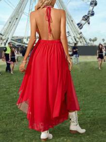 Breezaya Robe à bretelles spaghetti dos nu de couleur unie avec taille resserrée