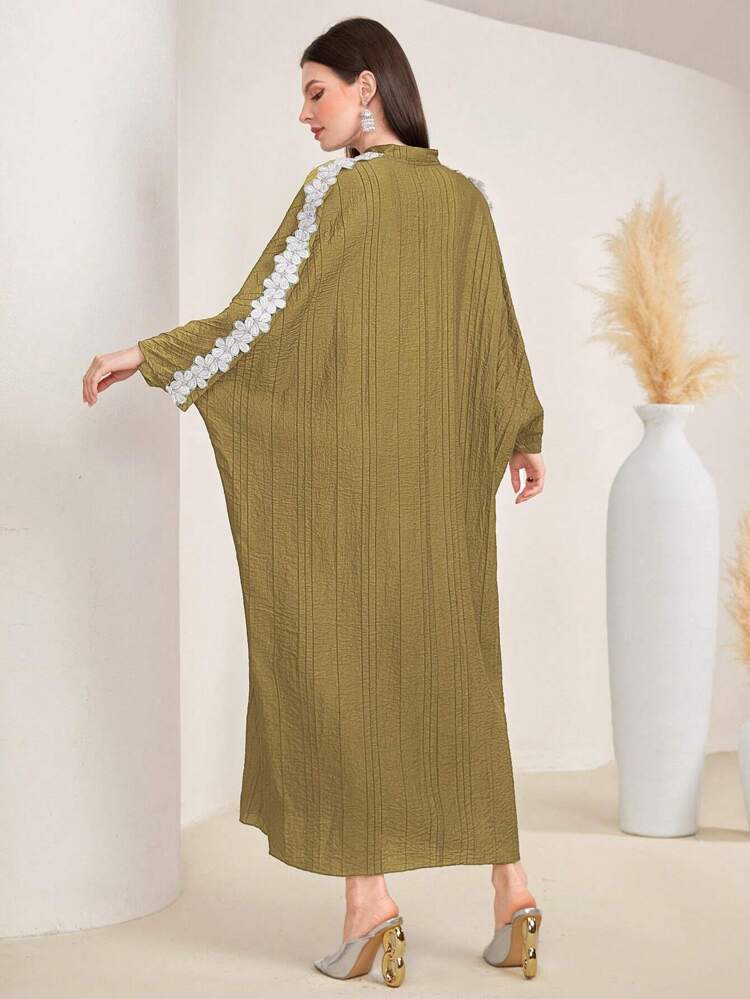 Women's Floral Applique Batwing Sleeve Turkish Long Shirt Kaftan Jalabiya Dress