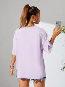 INAWLY Women's Palm Tree & Letter Print Round Neck Drop Shoulder Short Sleeve T-Shirt - Purple - View 2