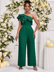 Zolique One Shoulder Ruffle Sleeve  Detail Wide Leg