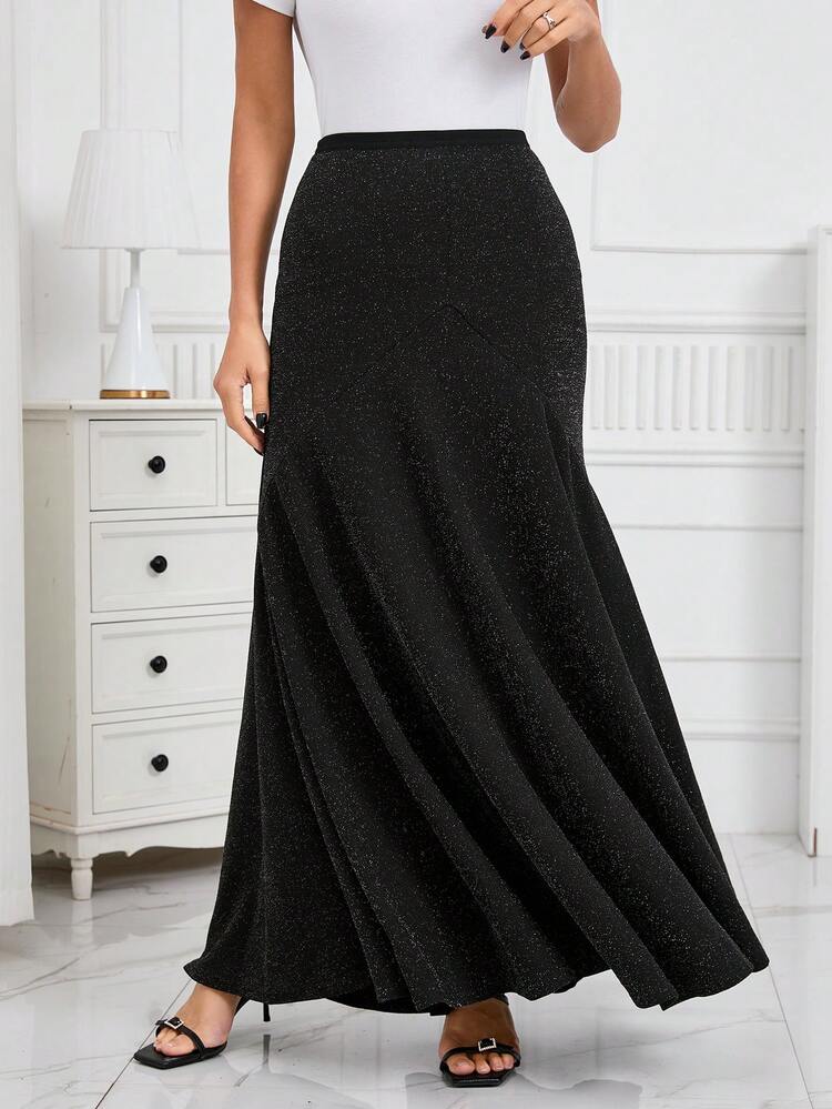 Women's High Waisted Metallic Shine Mermaid Hem Full Length Skirt