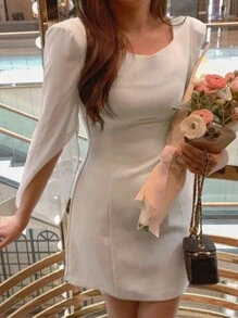 DAZY 女士短款优雅返校节礼服秋季优雅返校服长袖连衣裙 - 杏色 - 查看 4