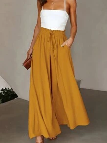 Pantalones palazzo de color liso para tallas grandes - Amarillo - Ver 1