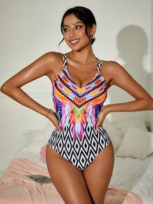 SHEIN Swim Women's Printed Splicing One Piece Swimsuit With Shoulder Straps
