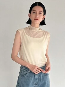 FRIFUL Women's Plain Mesh Stand Collar Tank Top - Beige - View 1