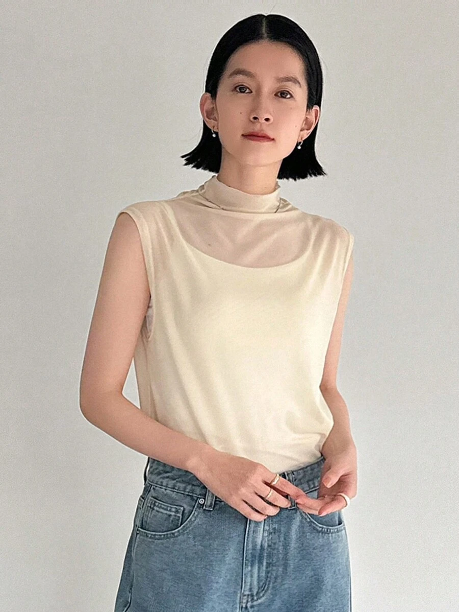 FRIFUL Women's Plain Mesh Stand Collar Tank Top - Beige - View 1